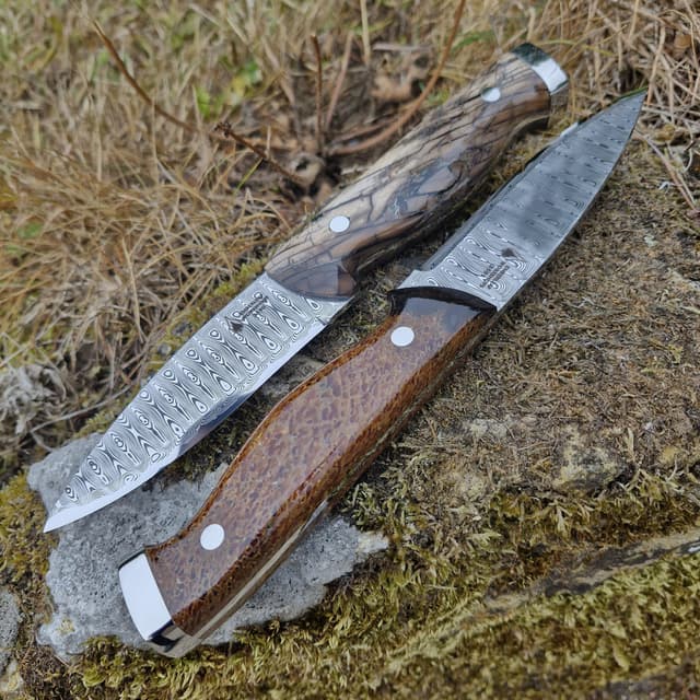 Two Damascus knives with wood handles on a mossy rock