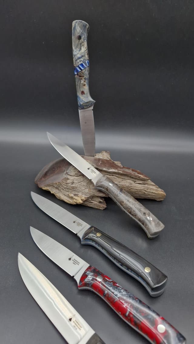 Five mixed knives propped against driftwood