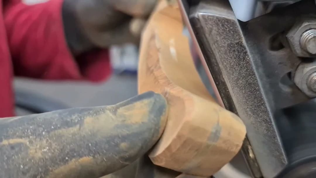 Wooden handle being shaped against a belt grinder, dust and shavings flying